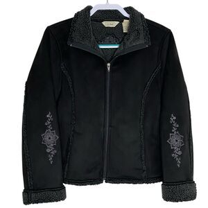 LL Bean Faux Suede Jacket Womens L Petite Shearling Sherpa Embroidered Western